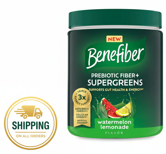 Benefiber prebiotic fiber + supergreens supplement container with watermelon lemonade flavor on a white background