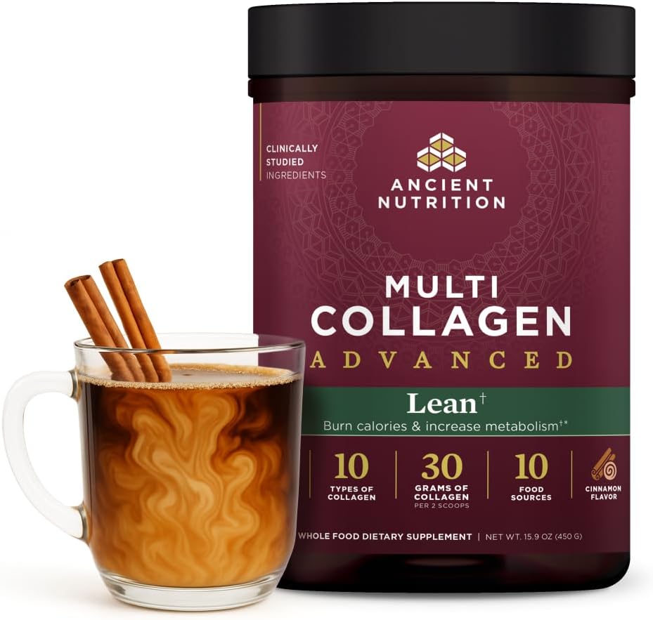 Ancient Nutrition Multi Collagen Advanced Lean supplement container with a glass of hot beverage and cinnamon sticks.