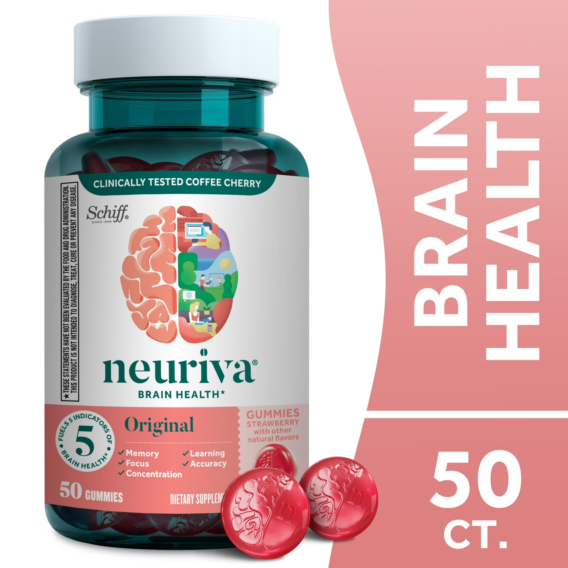 Neuriva brain health supplement bottle with gummies on a white background