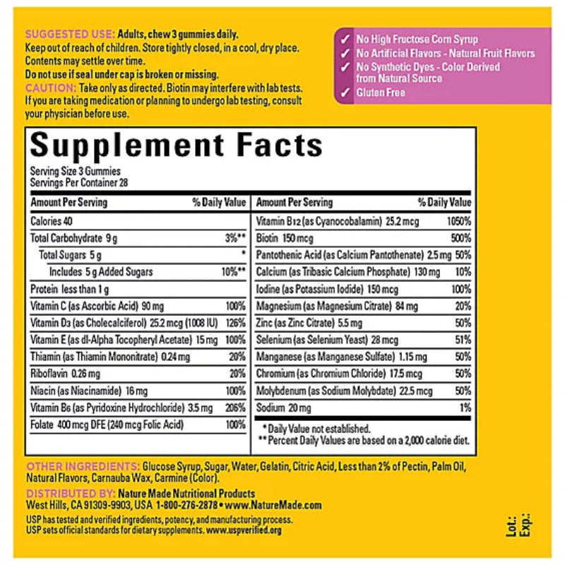 Supplement facts label with detailed nutritional information on a yellow background