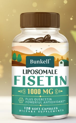 Supplement bottle labeled 'Bunkell Liposomale Fisetin 1000 MG' on a gold gradient background