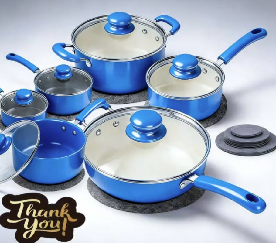 Set of blue cookware with ceramic non-stick coating on a light gray background