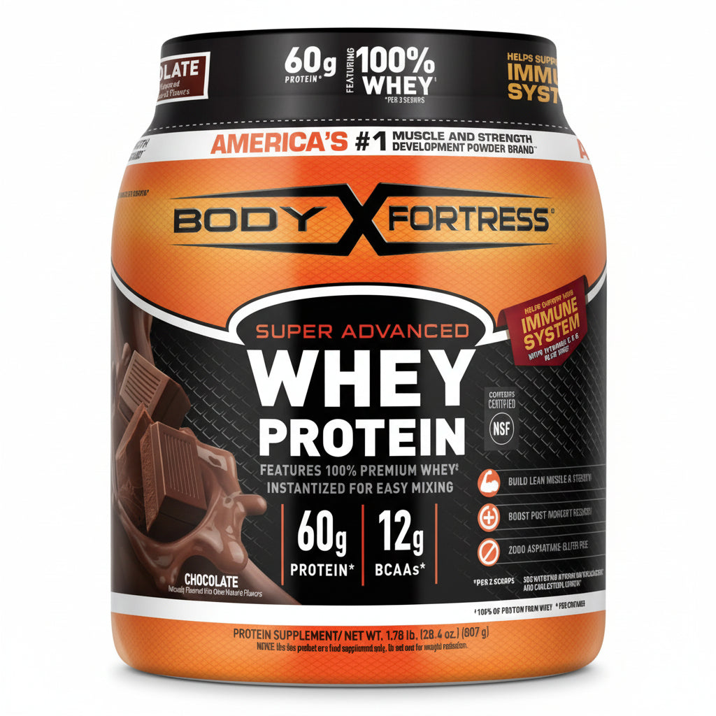 Body Fortress Super Advanced Whey Protein powder container on a white background