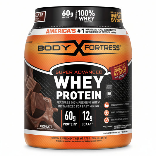 Body Fortress Super Advanced Whey Protein powder container on a white background