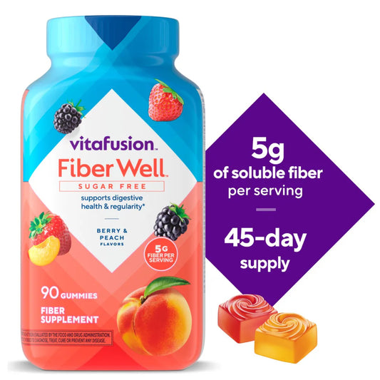 VitaFusion Fiber Well supplement bottle with colorful label and text on a white background