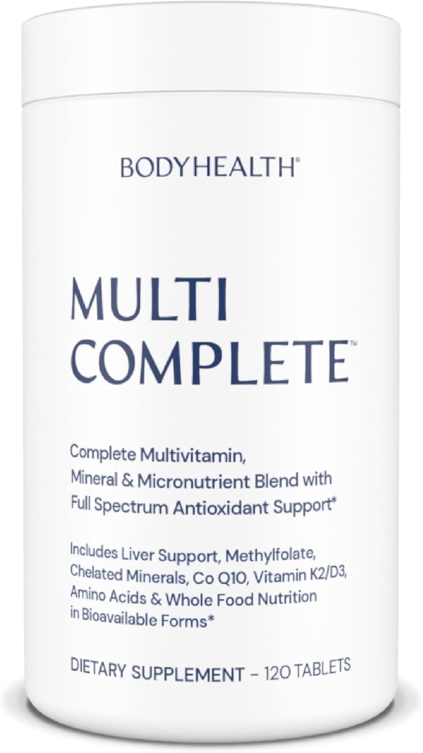 Multivitamin supplement container labeled 'Multi Complete' by BODYHEALTH on a white background.