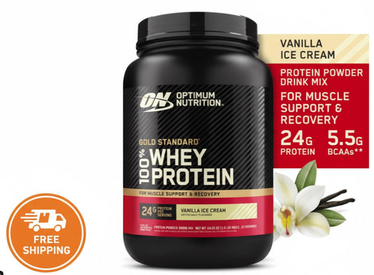 Optimum Nutrition Gold Standard 100% Whey Protein container with vanilla ice cream flavor details.