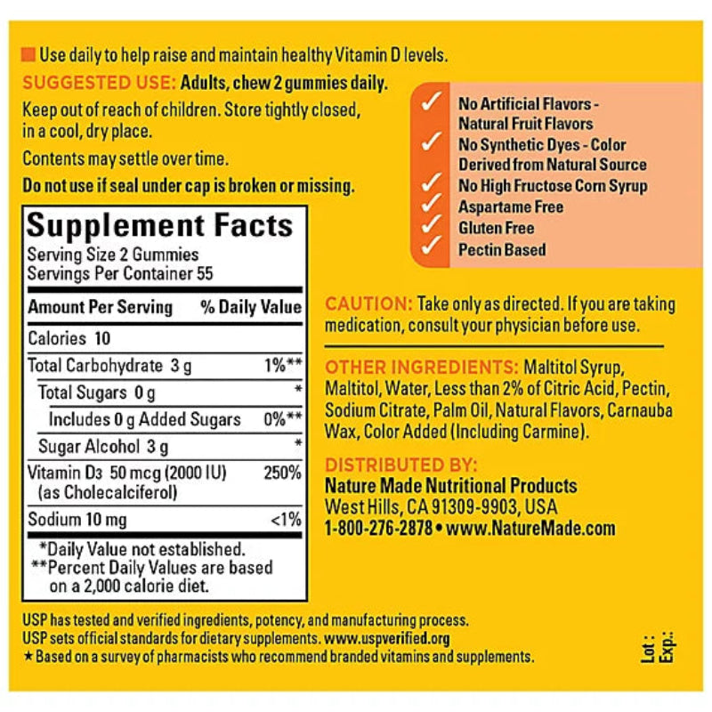 Supplement facts label for gummy vitamins on a yellow background