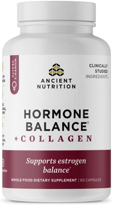 Supplement bottle labeled 'Hormone Balance + Collagen' by Ancient Nutrition on a white background
