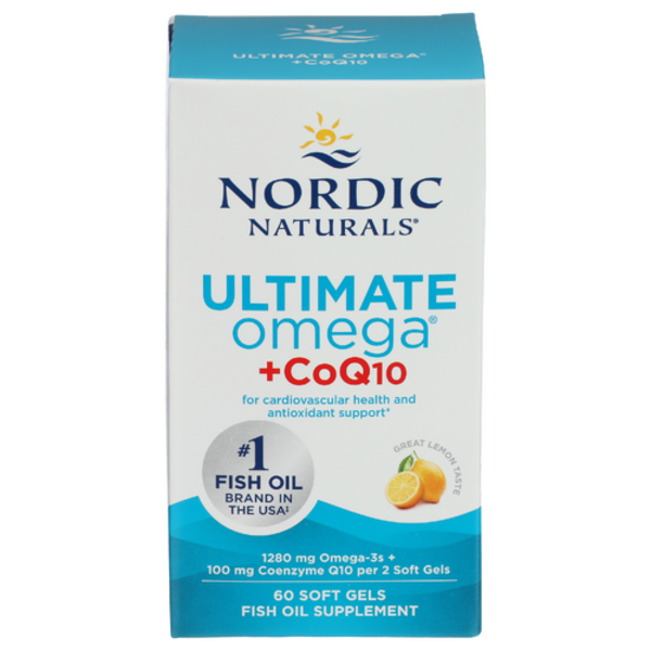 Nordic Naturals Ultimate Omega + CoQ10 supplement packaging on a white background