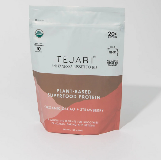 Tejari plant-based superfood protein package on a white background