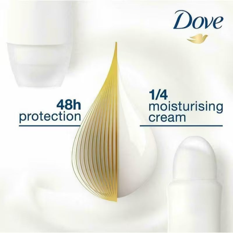 Dove moisturizing cream with text highlighting 48-hour protection and moisturizing properties on a white background.