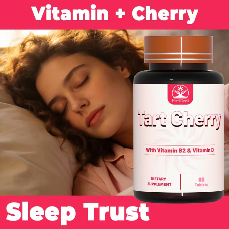 Bottle of Tart Cherry dietary supplement with a person sleeping in the background, labeled 'Sleep Trust'.