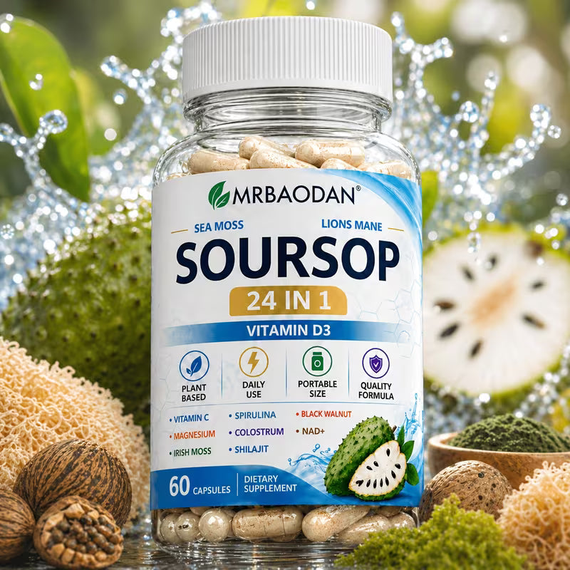 Bottle of MrBaodan Soursop supplement with natural elements in the background
