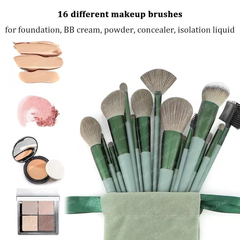 Set of 16 makeup brushes with a green handle and various brush heads, displayed with cosmetic products.