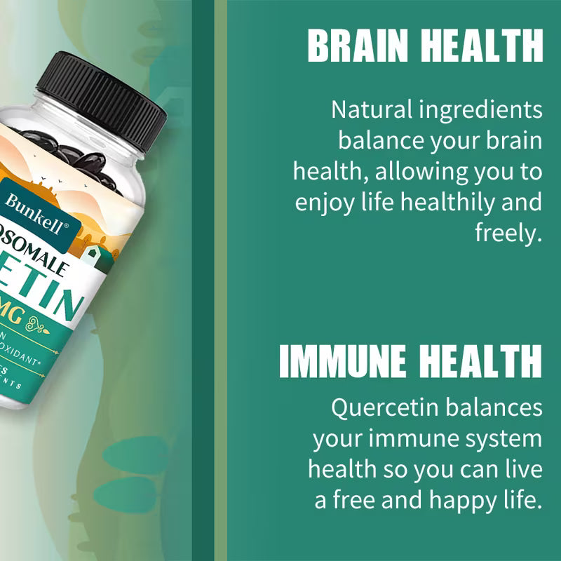 Bottle of Bunkellosomal Quercetin with text about brain and immune health on a green background