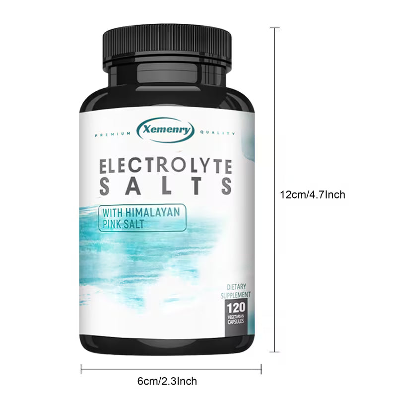 Bottle of Xemenry Electrolyte Salts with Himalayan Pink Salt on a white background