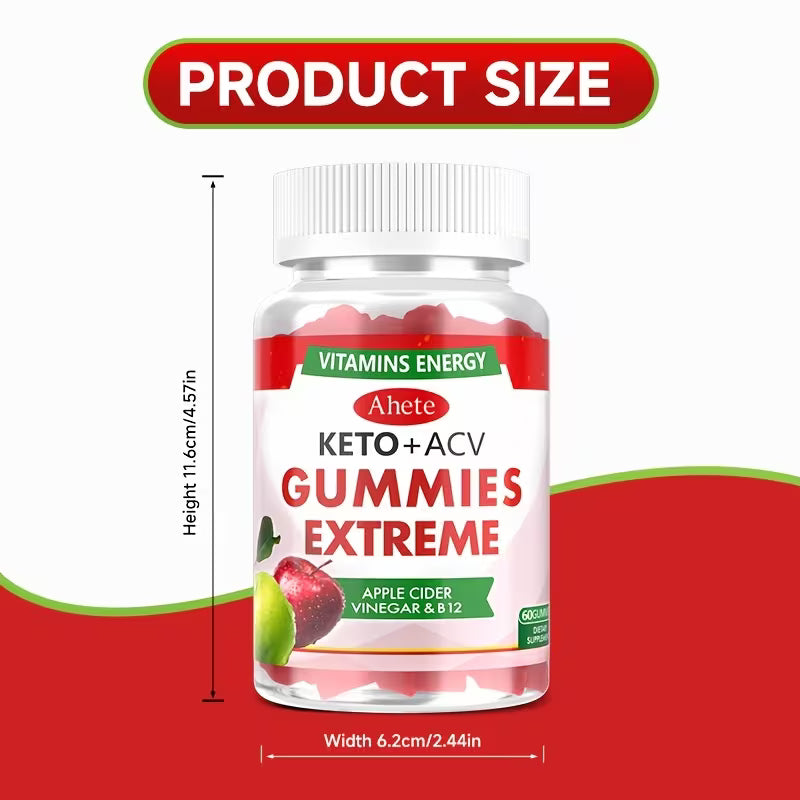 Bottle of Ahete Keto+ACV Gummies Extreme with dimensions on a red background
