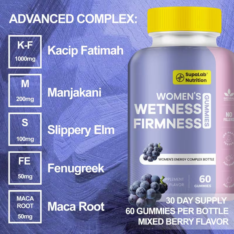 Supplement bottle labeled 'Women's Wetness Firmness' with ingredients listed on a blue background