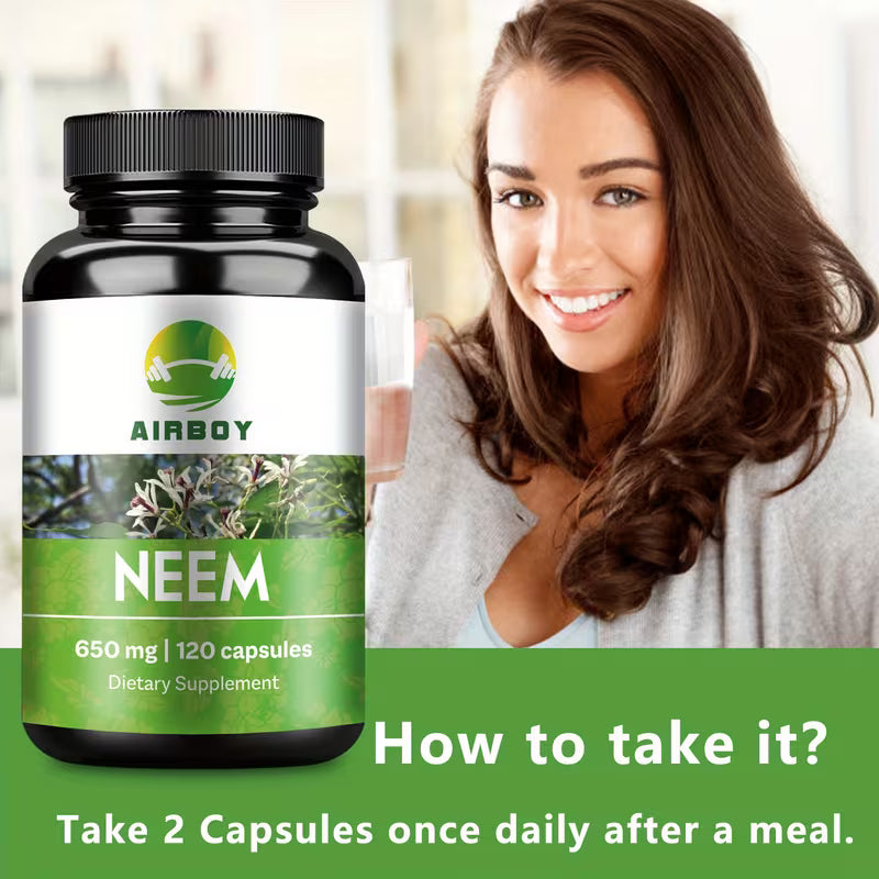 Airboy Neem supplement bottle with a woman and text on a green background