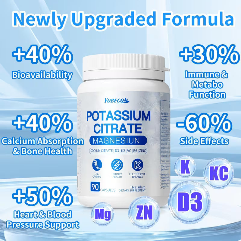 Yosecan Potassium Citrate Magnesium supplement bottle with health benefits text on a blue gradient background