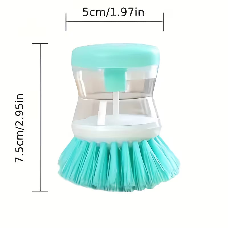Teal dish scrubber with measurements on a white background