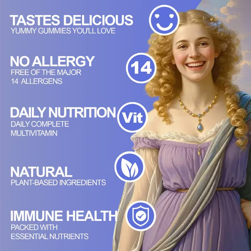Advertisement featuring a woman in a purple dress with health benefits text on a blue background
