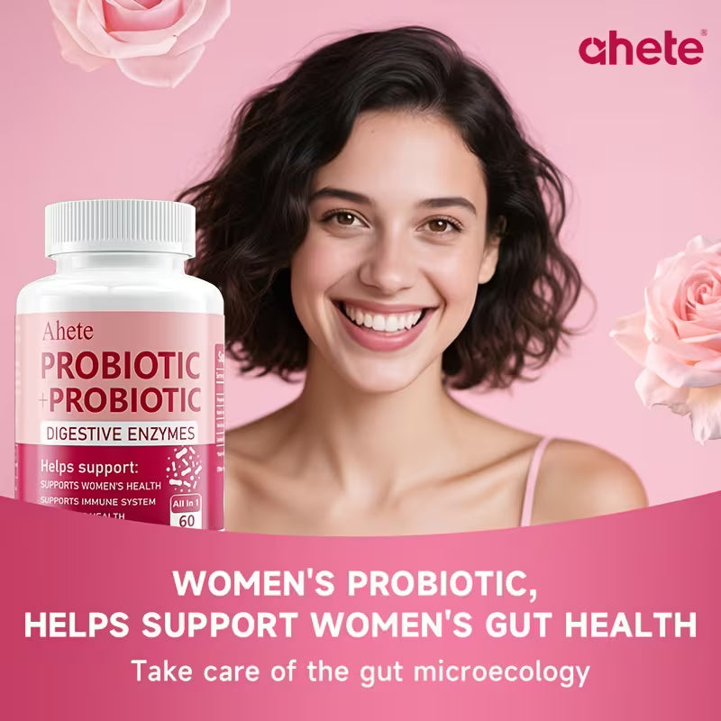 Woman with a probiotic supplement bottle on a pink background, featuring the brand 'chete'.