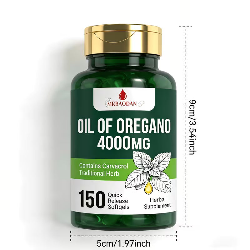 Supplement bottle labeled 'Oil of Oregano 4000MG' with dimensions on a white background