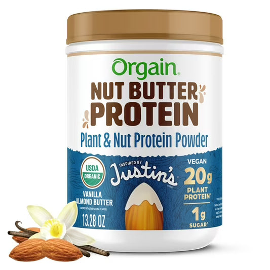 Orgain Nut Butter Protein container with vanilla almond butter flavor on a white background