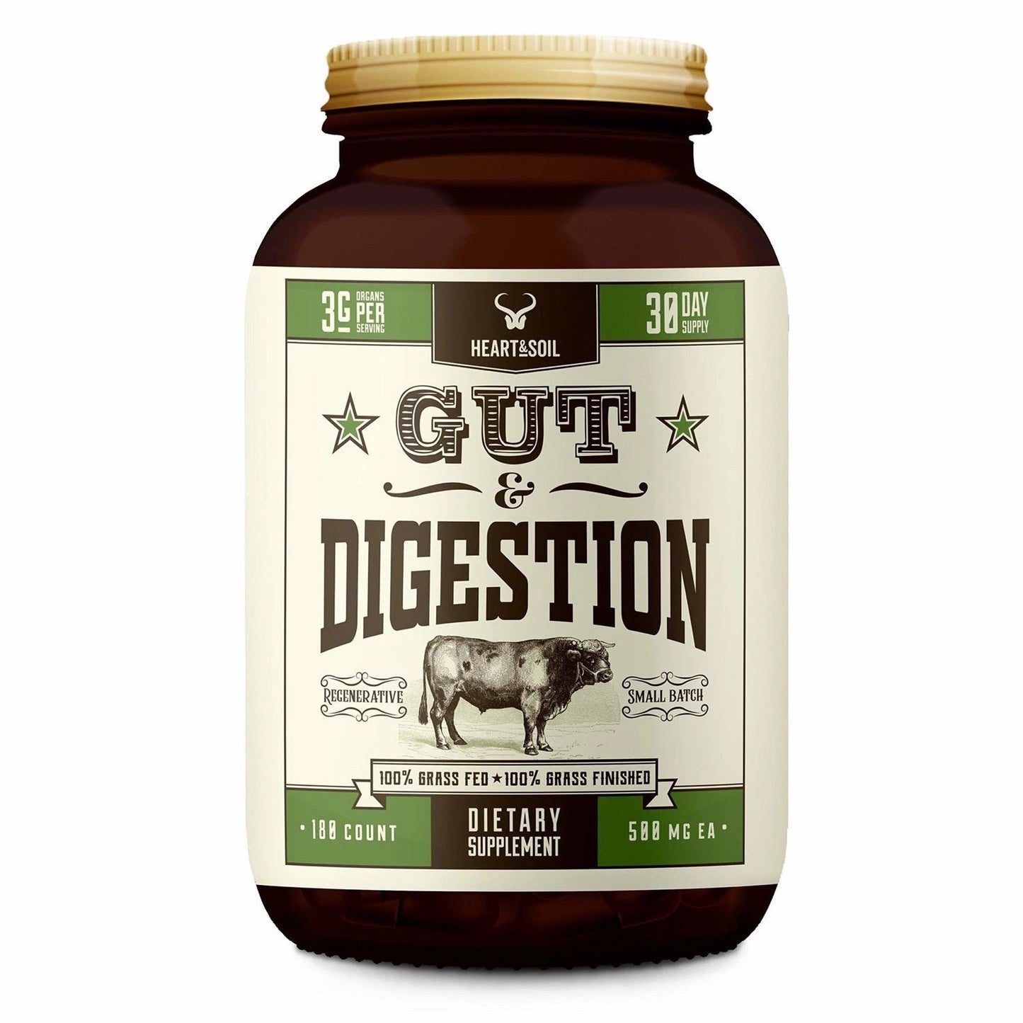 Supplement bottle labeled 'Gut & Digestion' on a white background