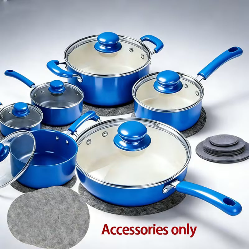Set of blue cookware with ceramic coatings on a gray background