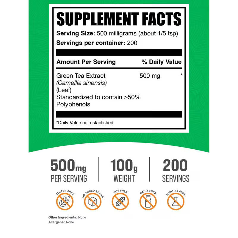 Supplement facts label for green tea extract with serving size, servings per container, and nutritional information.