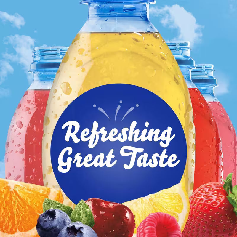 Bottles of juice with a 'Refreshing Great Taste' label, surrounded by fruits against a blue sky.