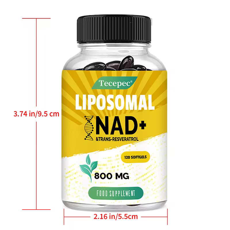 Tecepec Liposomal NAD+ supplement bottle with measurements on a white background
