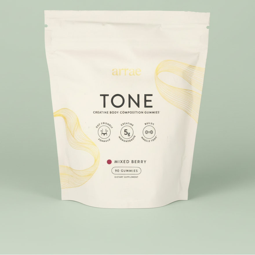Single jar of Arrae Tone Creatine Body Composition Gummies (90 count) in Mixed Berry flavor, highlighting the gummy format.