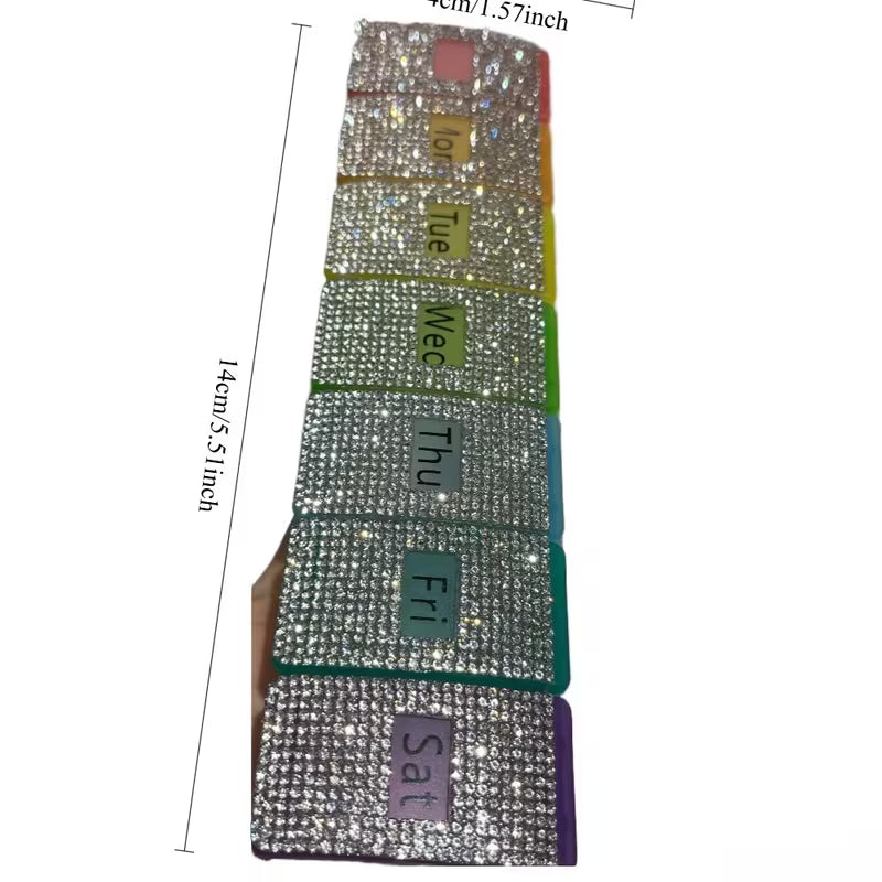 Weekly planner with gemstone accents and color-coded days of the week, shown with measurements.