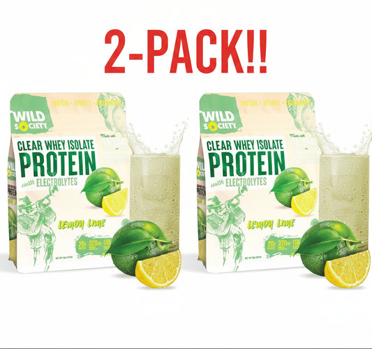 Two packs of Wild City Clear Whey Isolate Protein with lemons on a white background