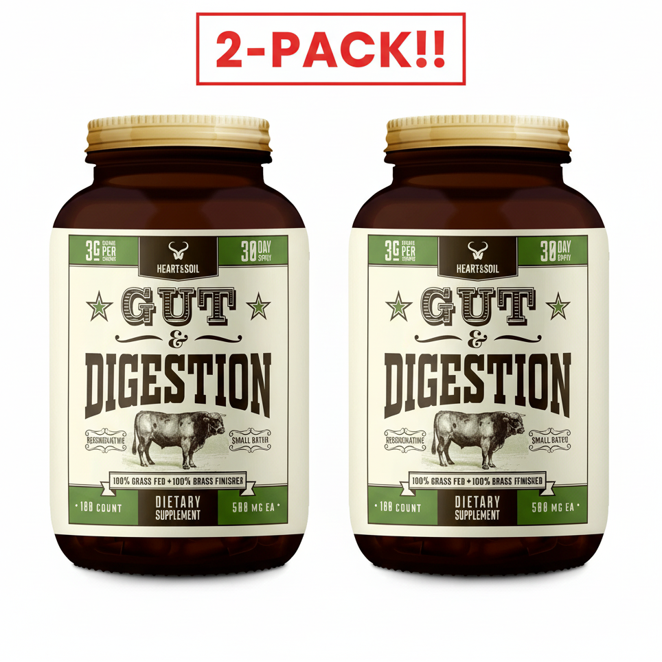 wo bottles of Heart & Soil Gut & Digestion supplement side-by-side, clearly labeled "Double Pack | 2-Month Supply," highlighting the 100% Grass-Fed Tripe and Pancreas blend.