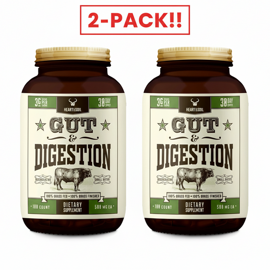 wo bottles of Heart & Soil Gut & Digestion supplement side-by-side, clearly labeled "Double Pack | 2-Month Supply," highlighting the 100% Grass-Fed Tripe and Pancreas blend.