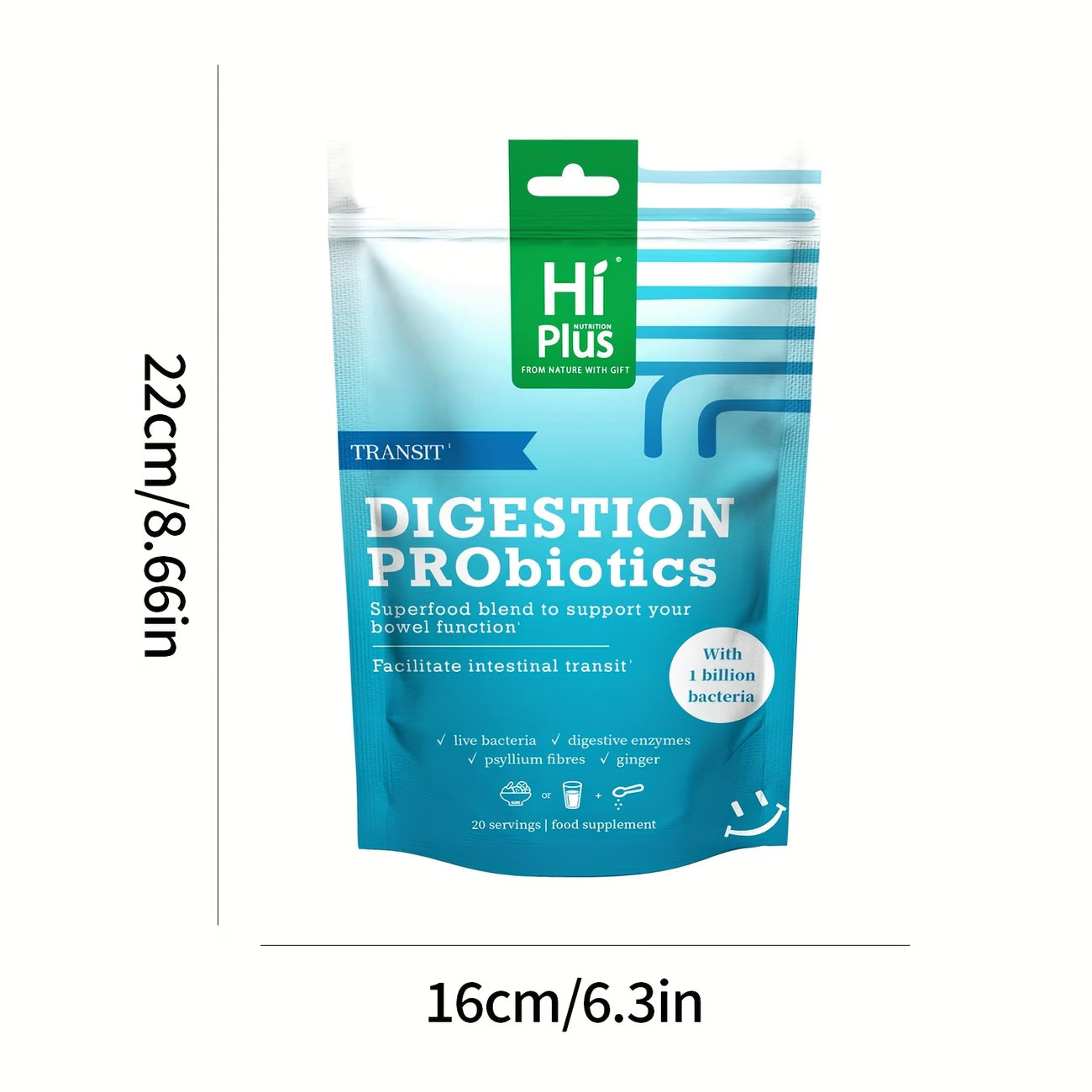 Packaging of Hi Plus Digestion Probiotics on a white background