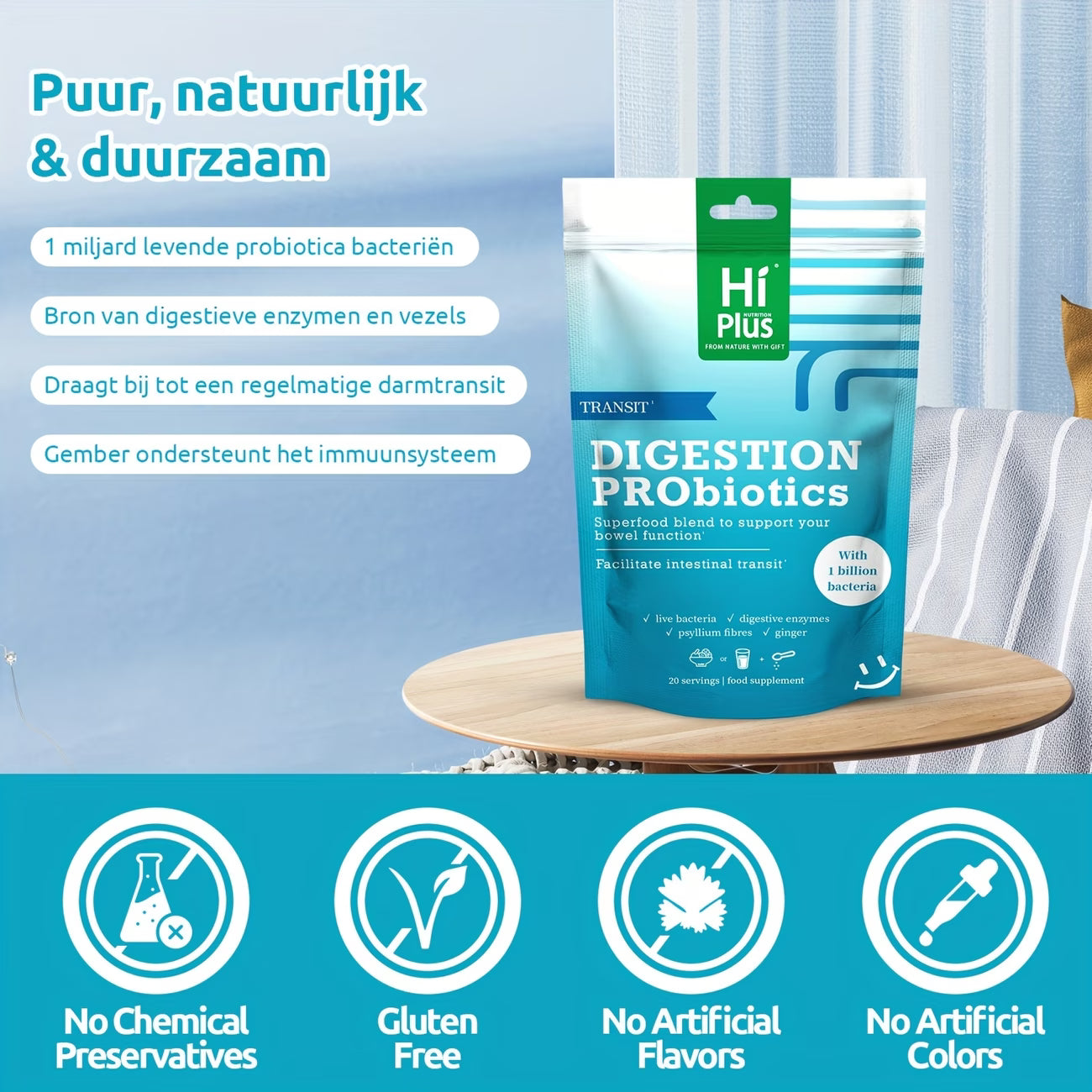 Package of Hi Plus Digestion Probiotics on a table with product details and benefits displayed.