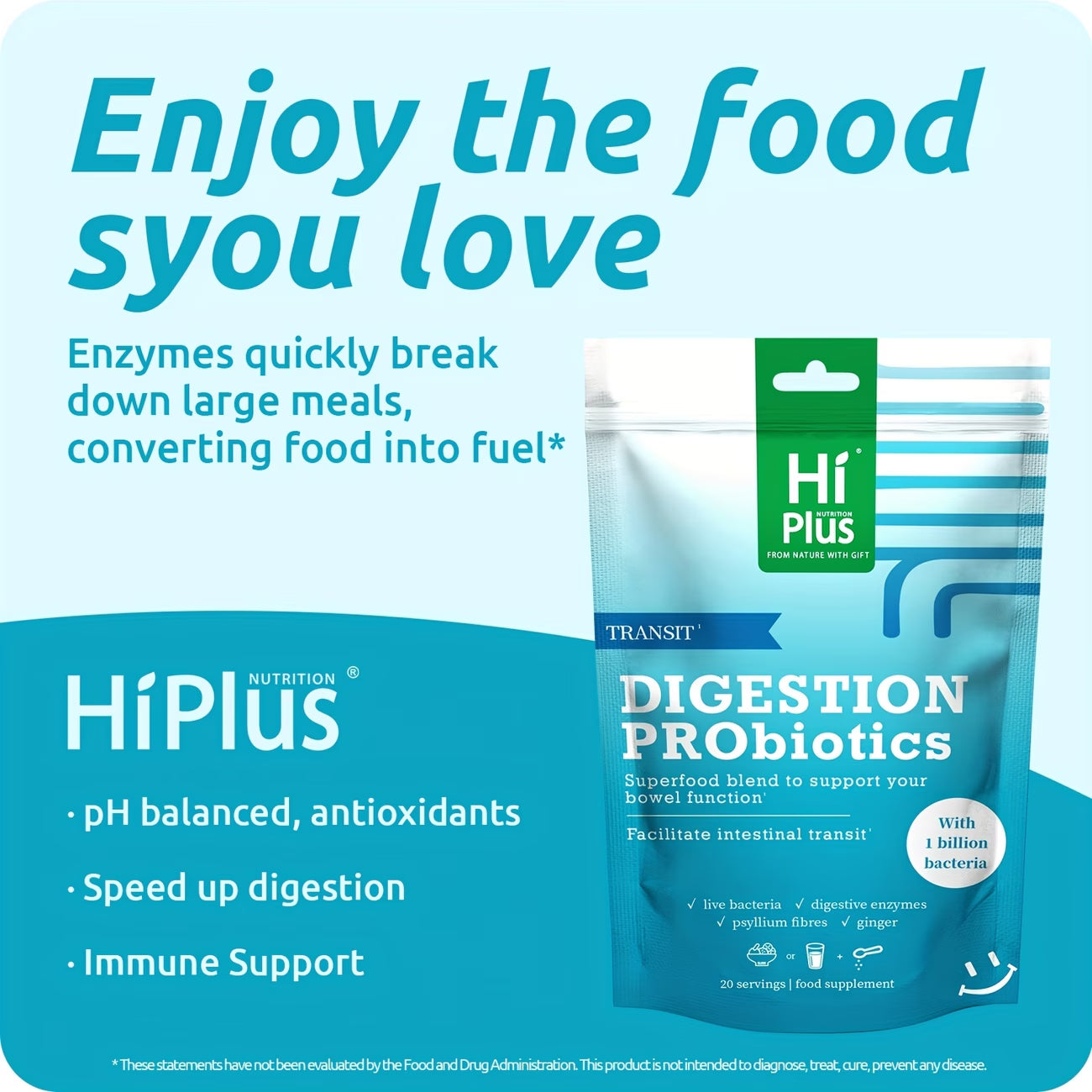 HiPlus Digestion Probiotics package on a blue background with promotional text.