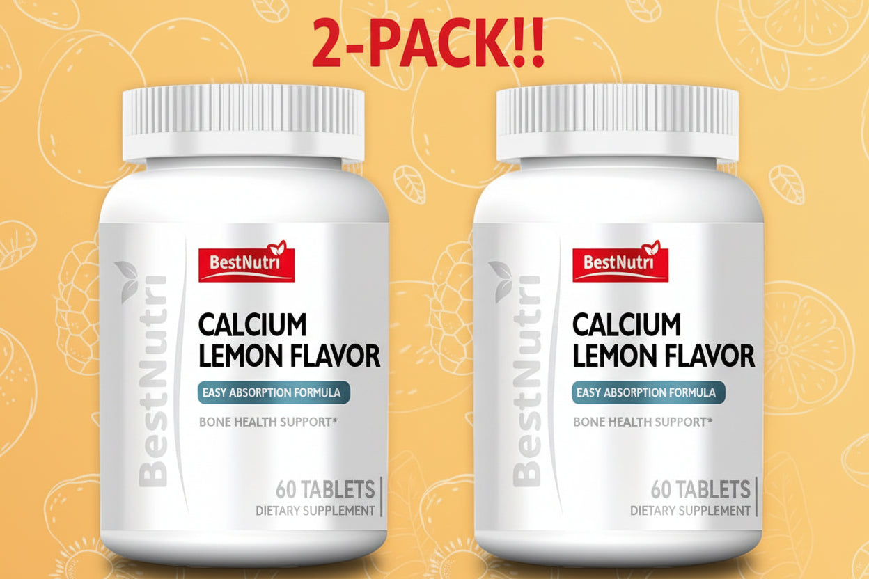 Supplement bottle labeled 'BestNutri Calcium Lemon Flavor' on a yellow background