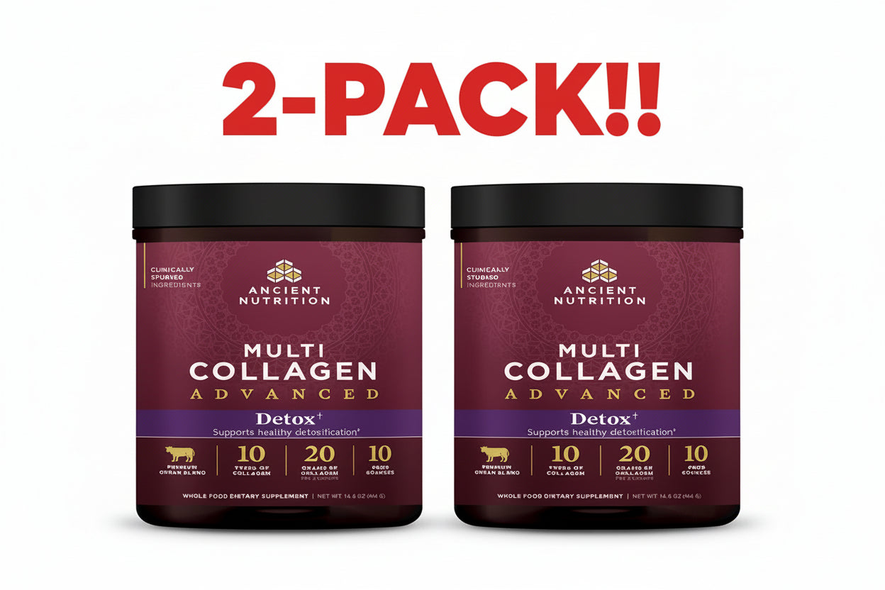 Two containers of Ancient Nutrition Multi Collagen Advanced on a white background with red text indicating a 2-pack.