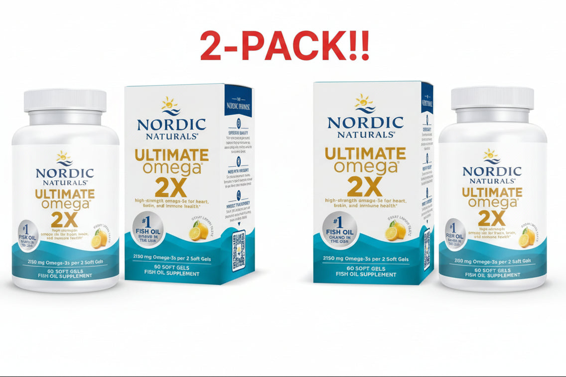Two 60-count bottles of Nordic Naturals Ultimate Omega 2X side-by-side to showcase the Double Pack value.