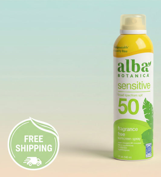 Alba Botanica sensitive sunscreen spray with SPF 50 on a white background