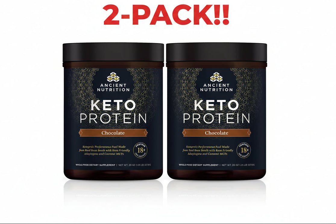 Two containers of Ancient Nutrition Keto Protein on a white background with '2-Pack!!' text.