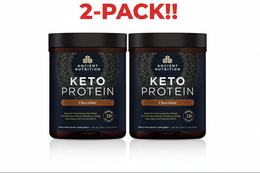Two containers of Ancient Nutrition Keto Protein on a white background with '2-Pack!!' text.