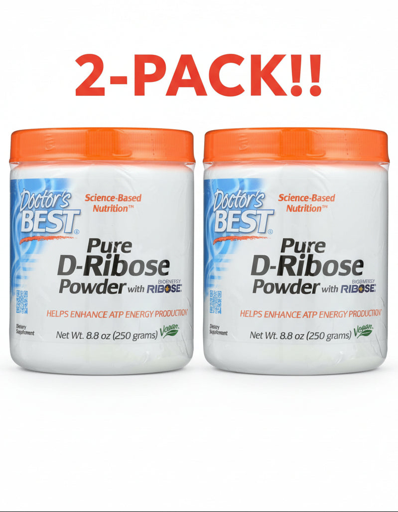Two tubs of Doctor's Best Pure D-Ribose Powder (250g each), clearly showing the 2-Pack Value and the BioEnergy Ribose® logo.
